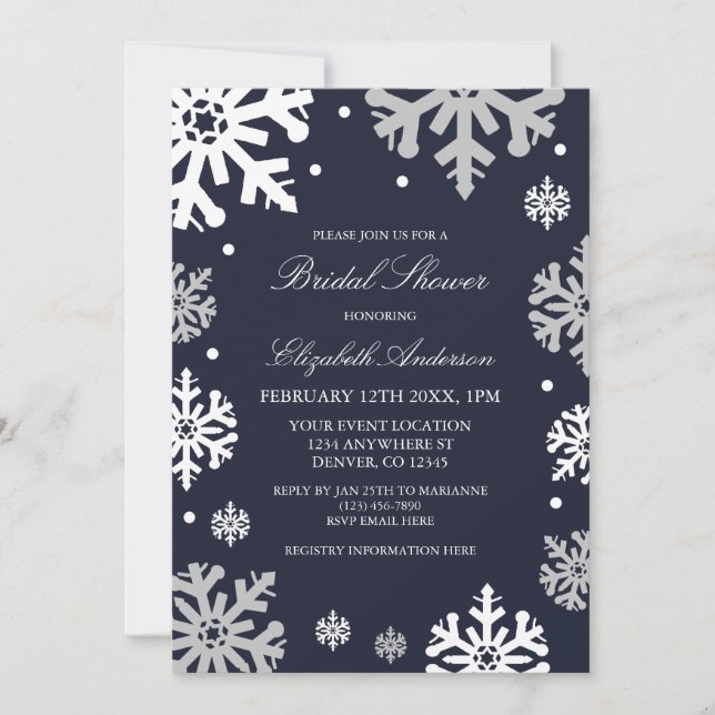 Navy Blue Snowflakes Winter Bridal Shower Invitation (Front)