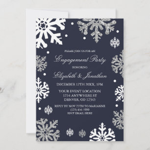 Navy Blue Snowflakes Winter Engagement Party Invitation