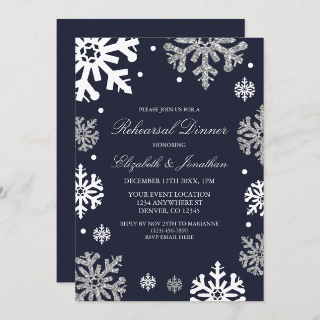 Navy Blue Snowflakes Winter Rehearsal Dinner Invitation (Front/Back)