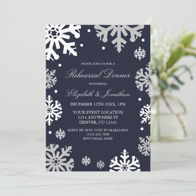 Navy Blue Snowflakes Winter Rehearsal Dinner Invitation (Standing Front)