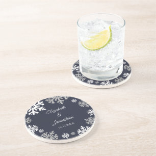 Navy Blue Snowflakes Winter Wedding Coaster