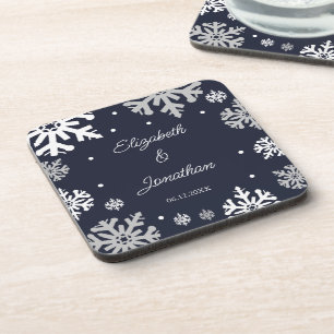 Navy Blue Snowflakes Winter Wedding Coaster