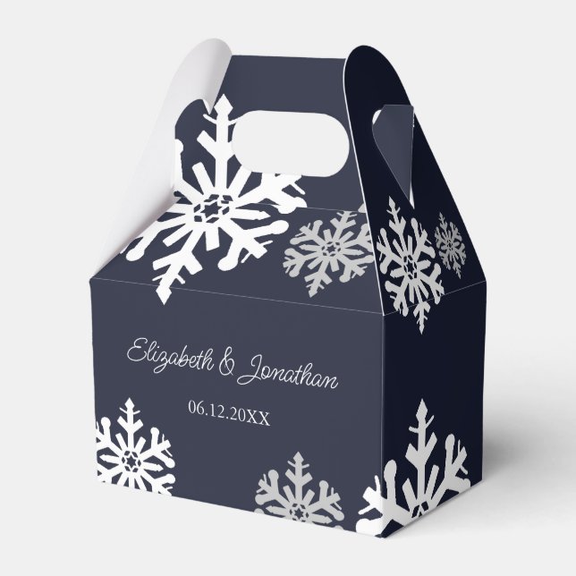 Navy Blue Snowflakes Winter Wedding Favor Box (Front Side)
