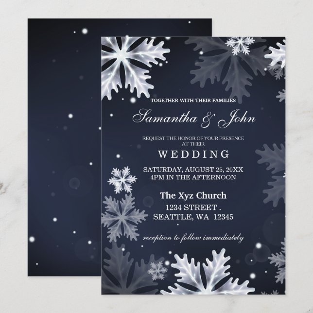 Navy Blue snowflakes winter wedding invitation (Front/Back)