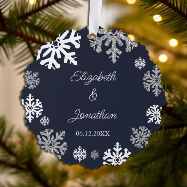 Navy Blue Snowflakes Winter Wedding Ornament Card (Creator Uploaded)