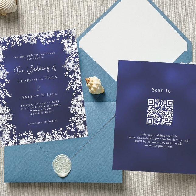 Navy blue snowflakes winter wedding QR invitation (Creator Uploaded)