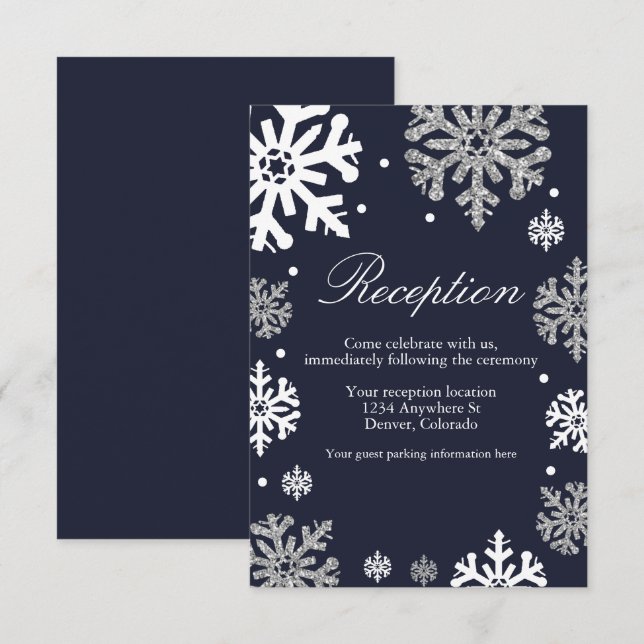 Navy Blue Snowflakes Winter Wedding Reception Enclosure Card (Front/Back)