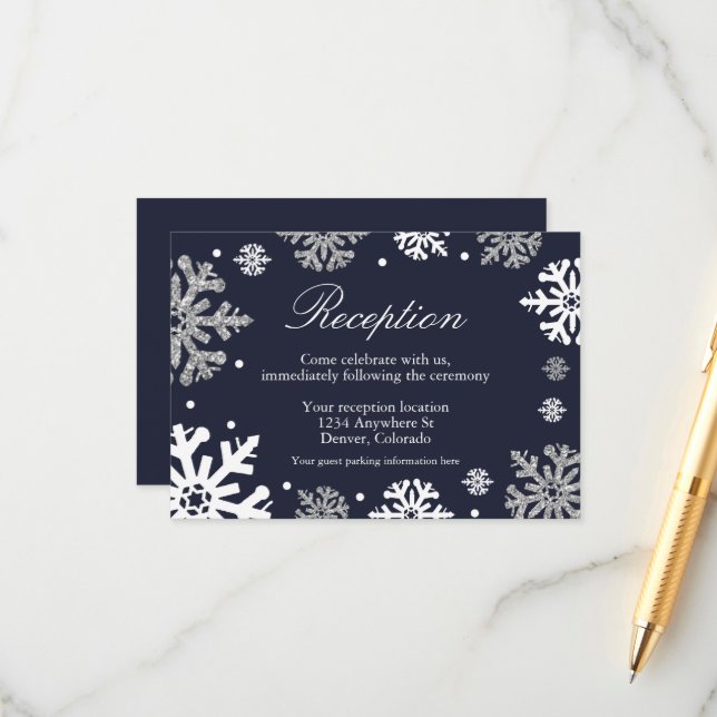 Navy Blue Snowflakes Winter Wedding Reception Enclosure Card (Front/Back In Situ)