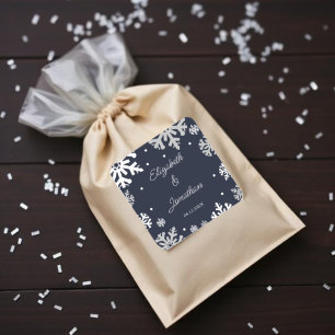Navy Blue Snowflakes Winter Wedding Square Sticker