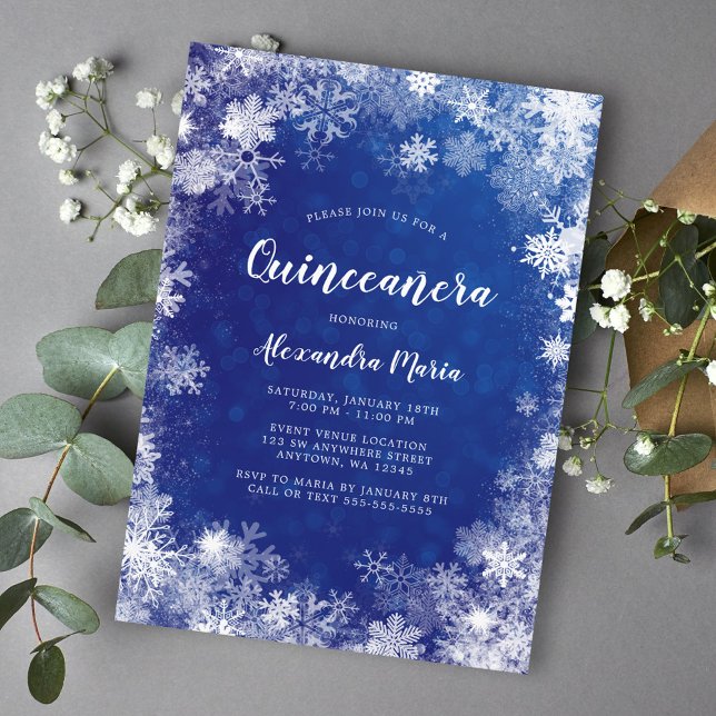 Navy Blue Snowflakes Winter Wonderland Quinceanera Invitation (Creator Uploaded)