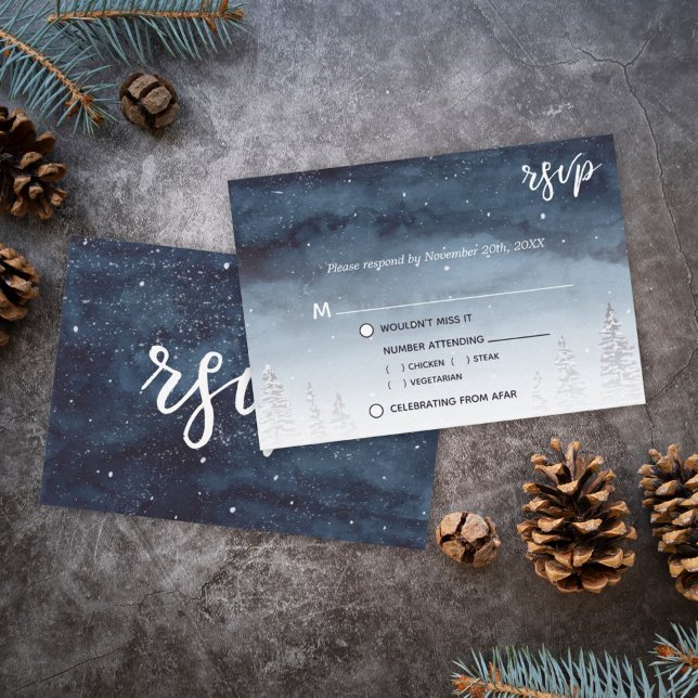 Navy Blue Snowy Winter Scene | Meal Choice RSVP Invitation (Winter wonderland navy blue snowy night sky in s watercolor wedding meal choice rsvp card.)