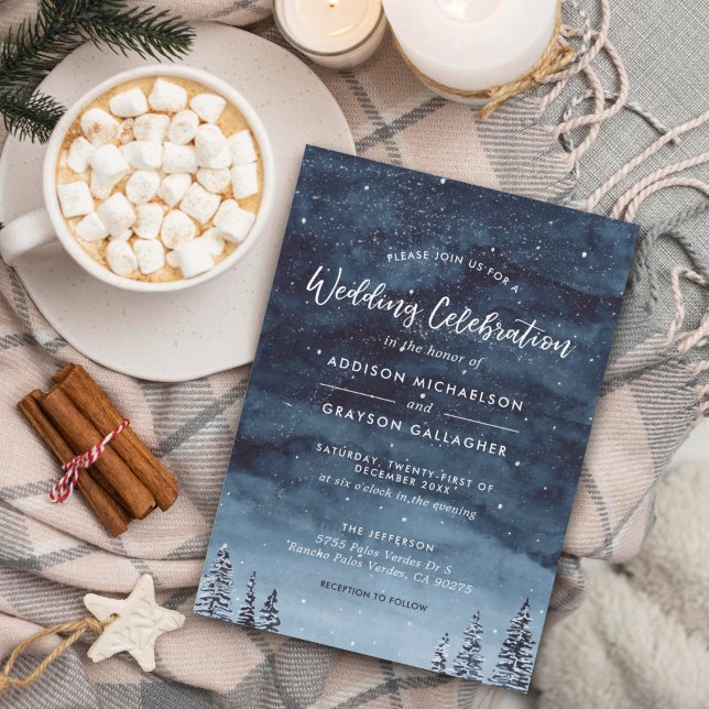 Navy Blue Snowy Winter Wonderland Wedding (Winter wonderland holiday wedding celebration invitation with a night snow background.)