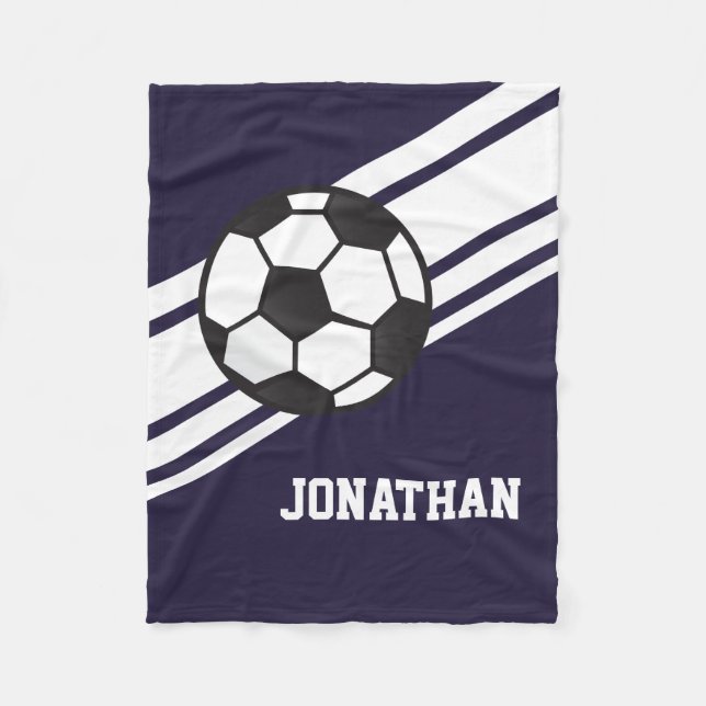 Navy Blue Soccer Ball Sports Personalized Name Fleece Blanket (Front)