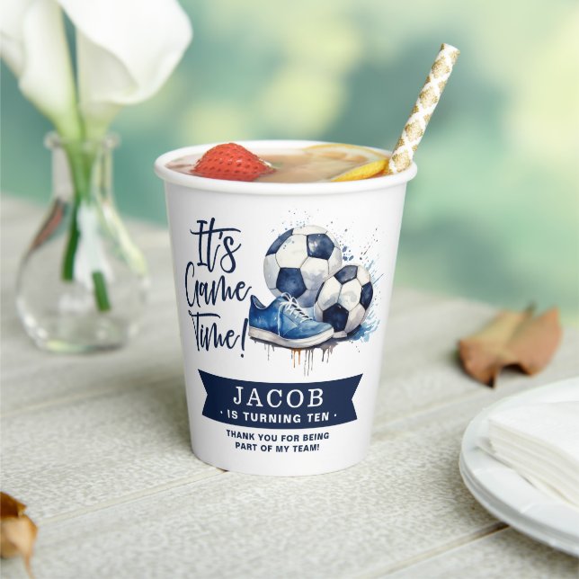 Navy Blue Soccer Kids Watercolor  Paper Cups (Insitu)