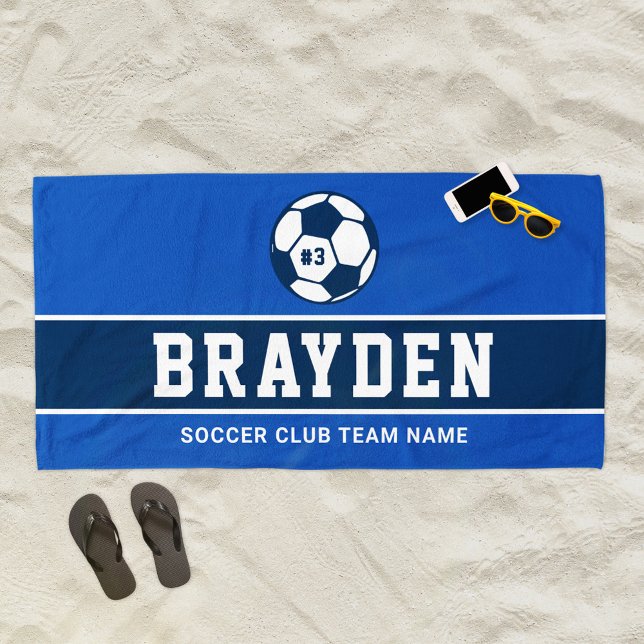Navy Blue Soccer Player Custom Name Beach Towel (Creator Uploaded)