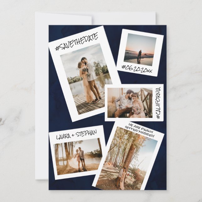 Navy blue social media 5 photo save the date (Front)