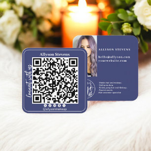 Navy blue Social Media QR Code Photo Logo Square Business Card