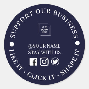 Navy Blue Social Share Business Round Design Classic Round Sticker