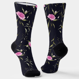 Navy blue socks with a floral pattern feature pink