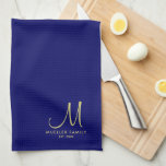 Navy Blue Solid Colour Gold Monogrammed Family Nam Kitchen Towel<br><div class="desc">Custom Upload Add Your Photo or Logo Text Elegant Modern Cute Monogrammed Kitchen & Dining / Table & Kitchen Linens/ Initial Family Name Template Gold Monogram Navy Blue Solid Colour Kitchen Towel.</div>
