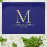 Navy Blue Solid Colour Gold Monogrammed Family Nam Kitchen Towel<br><div class="desc">Custom Upload Add Your Photo or Logo Text Elegant Modern Cute Monogram Kitchen & Dining / Table & Kitchen Linens/ Initial Family Name Template Gold Monogram Navy Blue Solid Colour Kitchen Towel.</div>