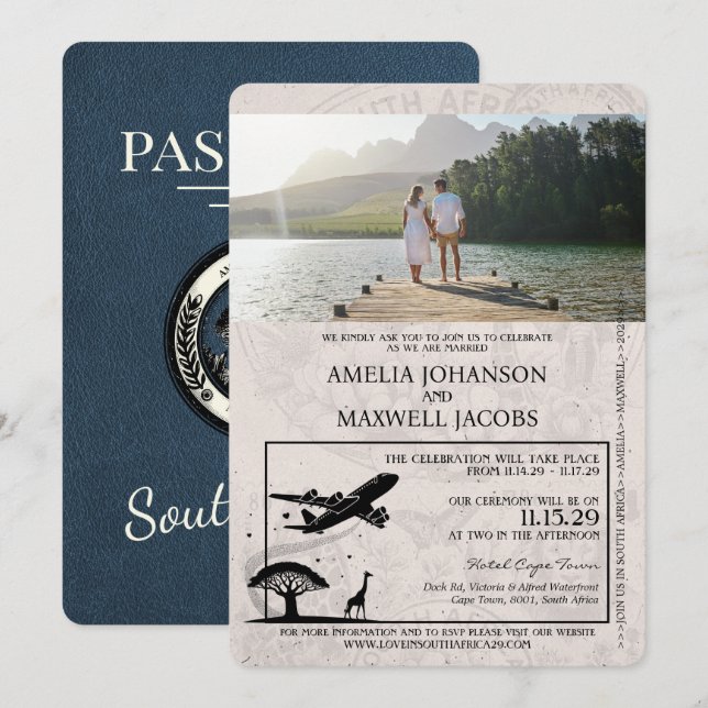 Navy Blue South Africa Passport Wedding Invitation (Front/Back)