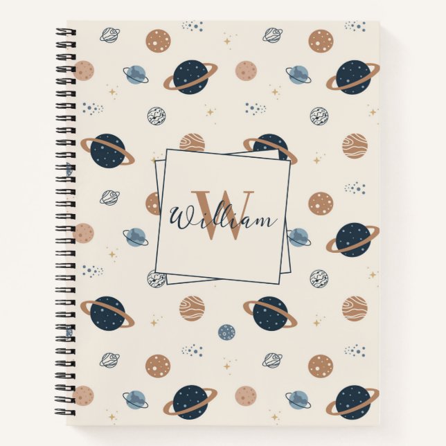 Navy Blue Space Planets Pattern  Notebook (Front)