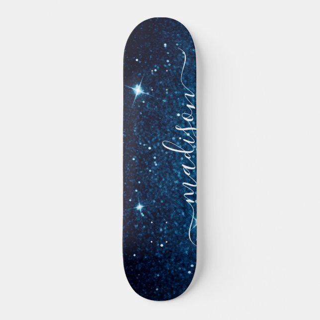 Navy Blue Sparkle Glitter Personalized Skateboard (Front)