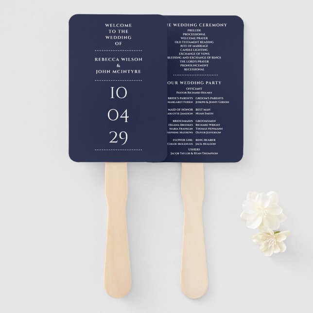 Navy Blue Special Date Wedding Program Hand Fan (Front and Back)
