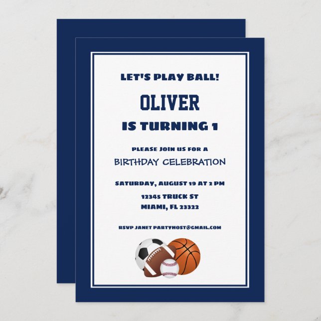 Navy Blue Sports Birthday Invitation (Front/Back)