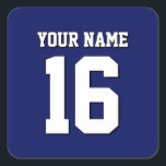 Navy Blue Sports Jersey Team Jersey Square Sticker<br><div class="desc">Preppy Solid Colour Navy Blue Team Jersey / Sports Jersey / Football Jersey / Rugby Jersey with Custom Name Customize this with your own name or team name and a number. You can change the size, colour and placement of the text if you need to make changes, change the colour...</div>