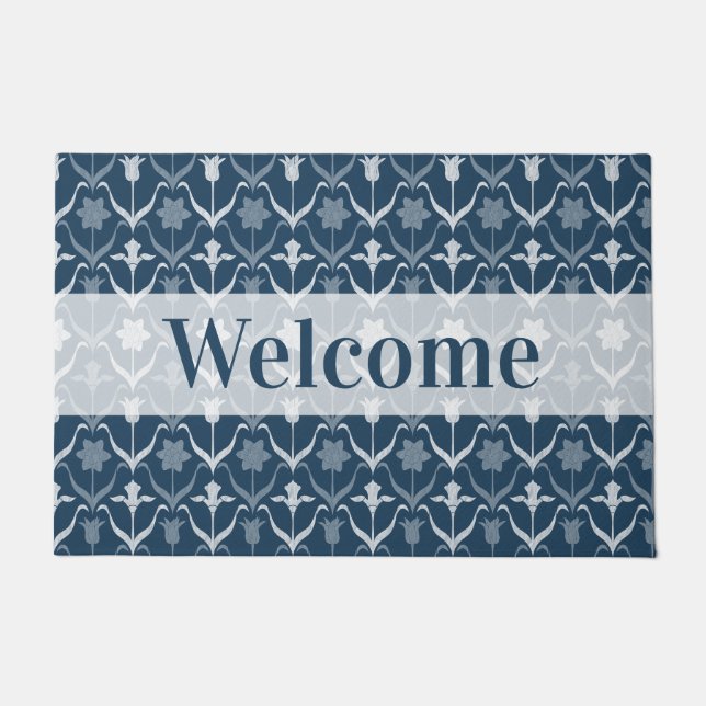Navy Blue Spring Flowers Art Nouveau Style Doormat (Front)