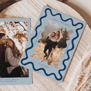Navy Blue Squiggly Wavy Frame Wedding Save The Date