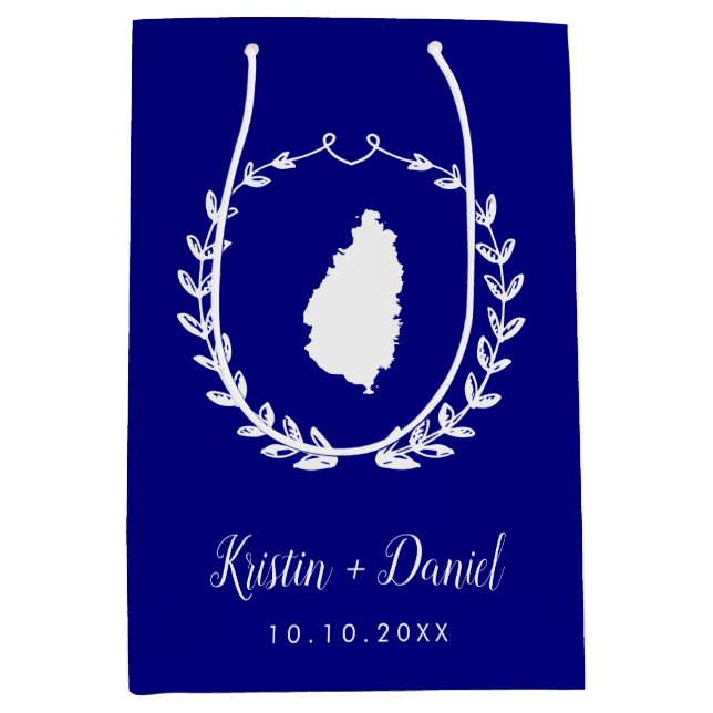 Navy Blue St. Lucia Map Wedding Welcome Swag Medium Gift Bag (Front)
