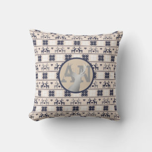 Navy Blue Stag Folk Art Pattern Monogram Initials Throw Pillow