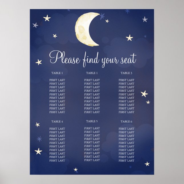 Navy Blue Star Moon Sky Baby Shower Seating Chart (Front)