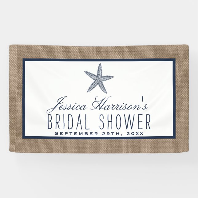 Navy Blue Starfish Beach Burlap Bridal Shower Banner (Horizontal)