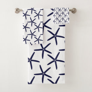 Navy blue starfish on a white background bath towel set