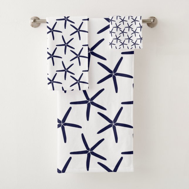 Navy blue starfish on a white background bath towel set (Insitu)