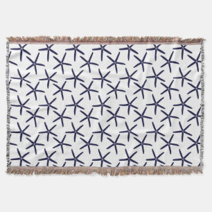 Navy blue starfish on a white background throw blanket