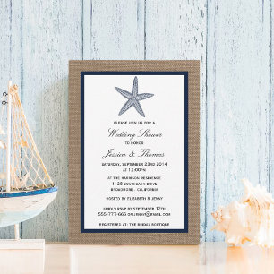 Navy Blue Starfish On Burlap Beach Wedding Shower Invitation
