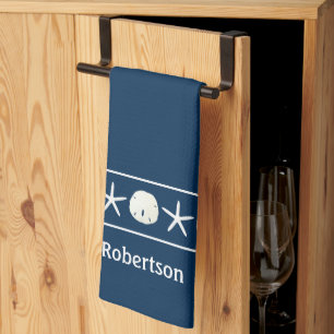Navy Blue Starfish Sand Dollar Coastal Kitchen Towel