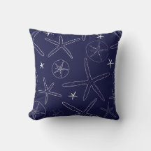 Navy Blue Starfish & Sand Dollar Throw Pillow