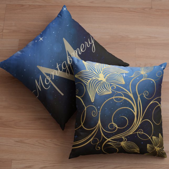 Navy Blue Starry Galaxy Gold Floral  Monogram Name Throw Pillow (Creator Uploaded)