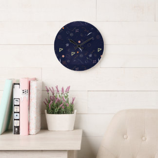 Navy Blue Starry Night Doodle large Clock 