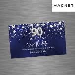 Navy blue stars 90th birthday Save the Date magnet<br><div class="desc">A modern and elegant Save the Date magnet for a 90th birthday party.   A navy blue background decorated with faux silver stars. Personalize and add a date and name. The blue colour is uneven.  The text: Save the Date is written with a large trendy hand lettered style script.</div>