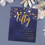 Navy blue stars budget 50th birthday invitation<br><div class="desc">A modern, stylish invitation for a 50th birthday party for both him and her. Decorated with golden stars. Navy blue background and the word Fifty written with large faux gold letters. The blue colour is uneven. Personalize and add a name and party details. 1 sheet = 1 invitation printed edge...</div>