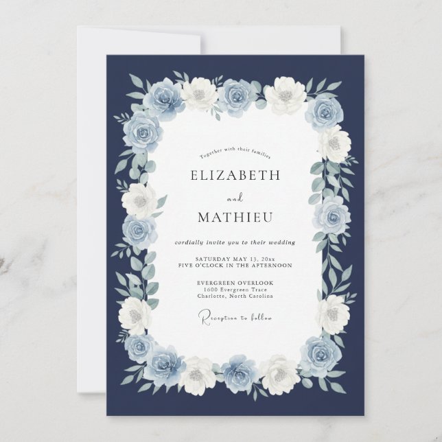 Navy Blue Stately Floral Wedding Invitation (Front)