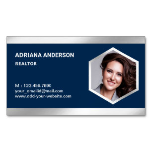 Navy Blue Steel Silver Real Estate Photo Realtor Magnetic Business Card