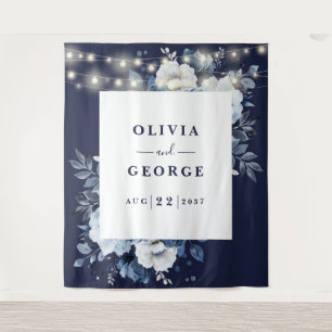 Navy Blue String Light Floral Photo Booth Backdrop Tapestry